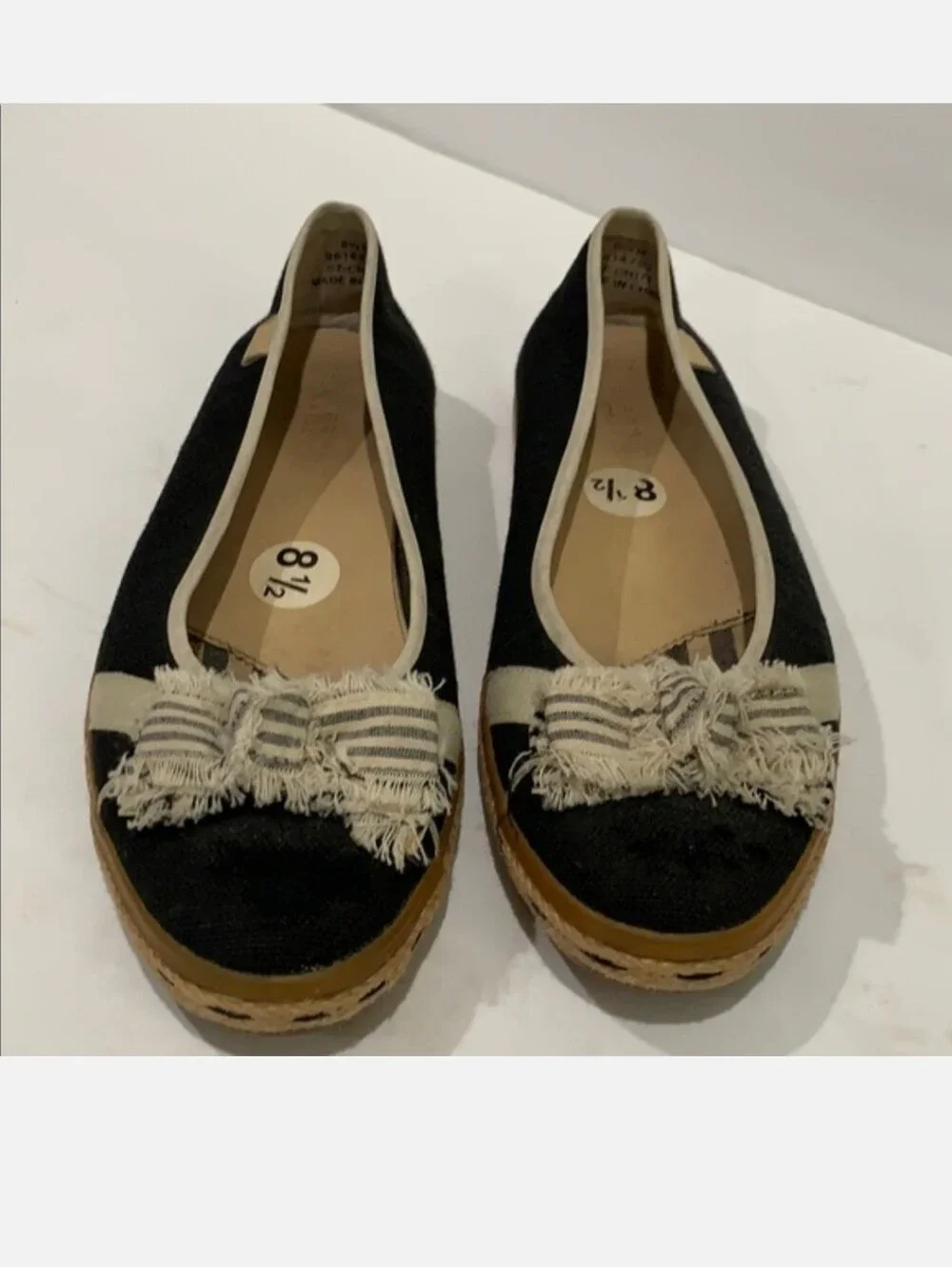 Sperry Top-Sider Katama Cream/Black Slip-on Espadrille Flats Frayed Bow Size 8.5